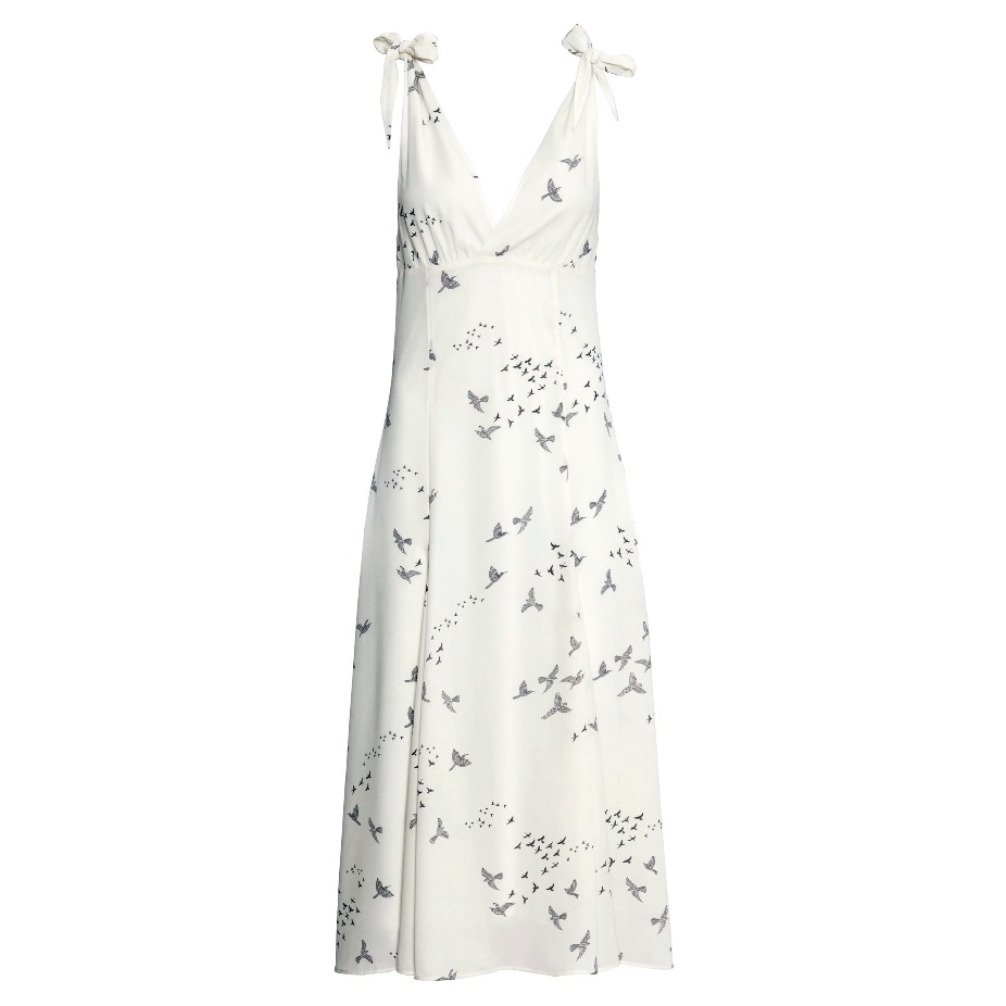 Bird Print Tie-Shoulder Midi Dress Size 6